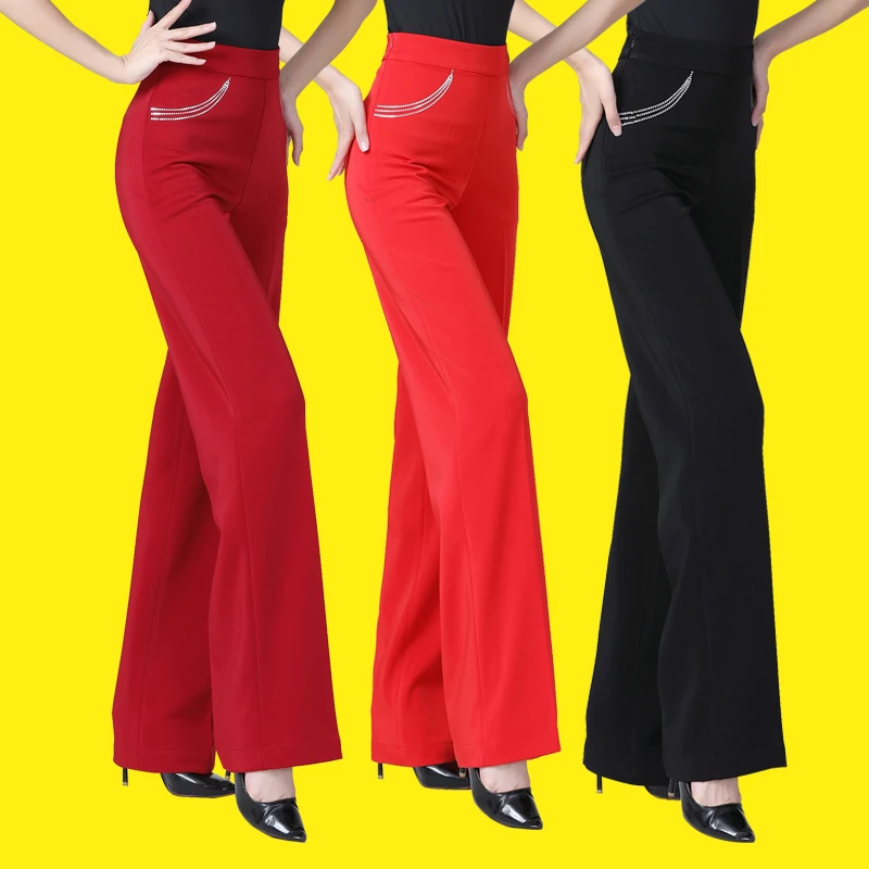 新款女士高腰拉丁舞裤子国标舞成人专业练功裤摩登舞演出阔腿裤女