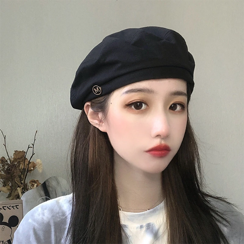 贝雷帽女薄款春夏季黑色ins八角帽子韩版日系英伦复古画家帽网红