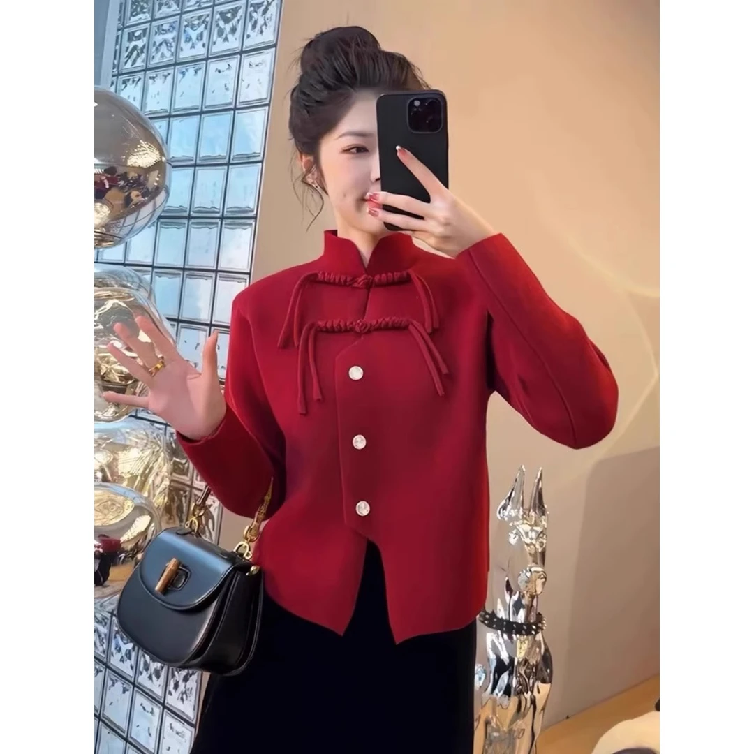 复古红色国风外套新中式盘扣立领开衫毛衣女减龄炸街春秋2024上衣