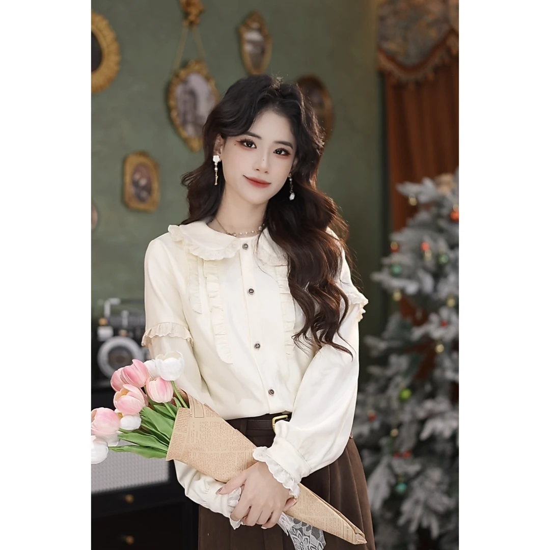 张嘉圆  25新款秋冬显瘦气质百搭复古港风长袖衬衫#7503