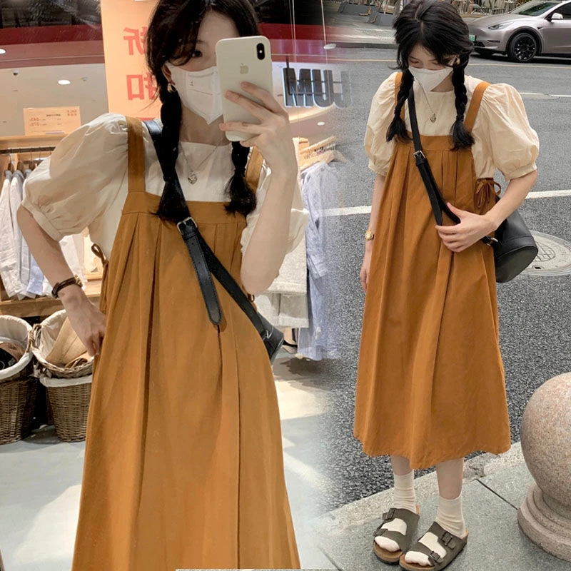 大码胖mm泡泡袖上衣宽松新款遮肉背带连衣裙夏季小个子两件套装