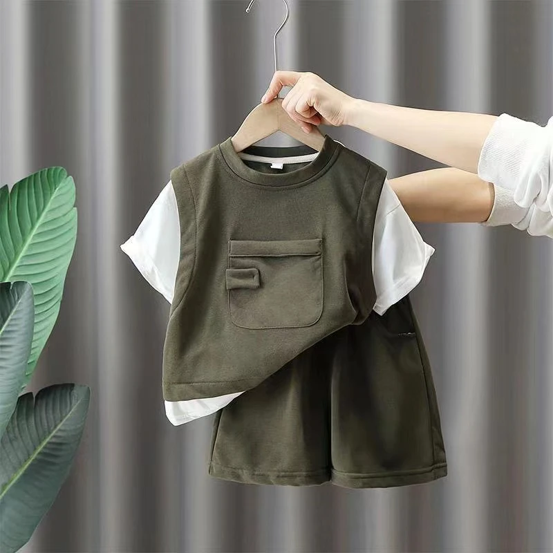 韩版男童夏季套装2024新款网红儿童套头上衣男宝宝帅气假两件短袖