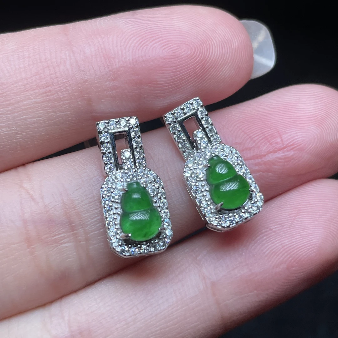 【小魏总珠宝】23 银镶翡翠珠宝耳钉（5*5*7mm+）