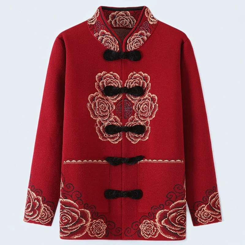 中老年人妈妈毛衣针织衫加绒加厚开衫外套唐装女装气质中国风冬装