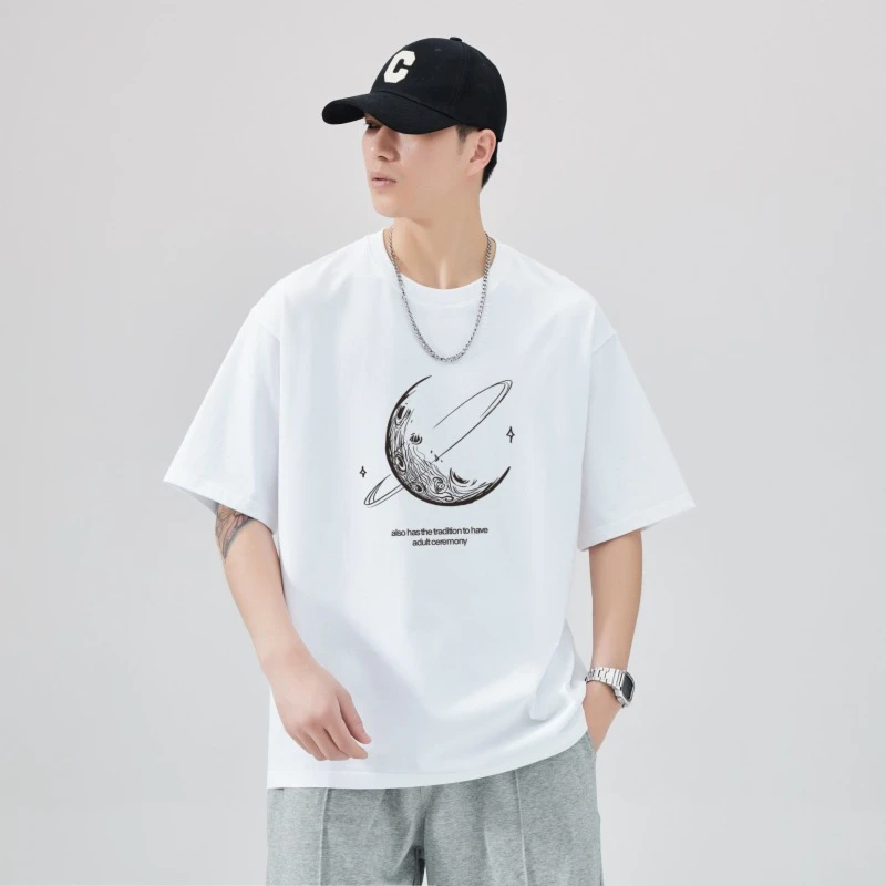 利尼科比利男装夏季圆领短袖体恤男重磅上衣纯棉简约印花百搭宽松