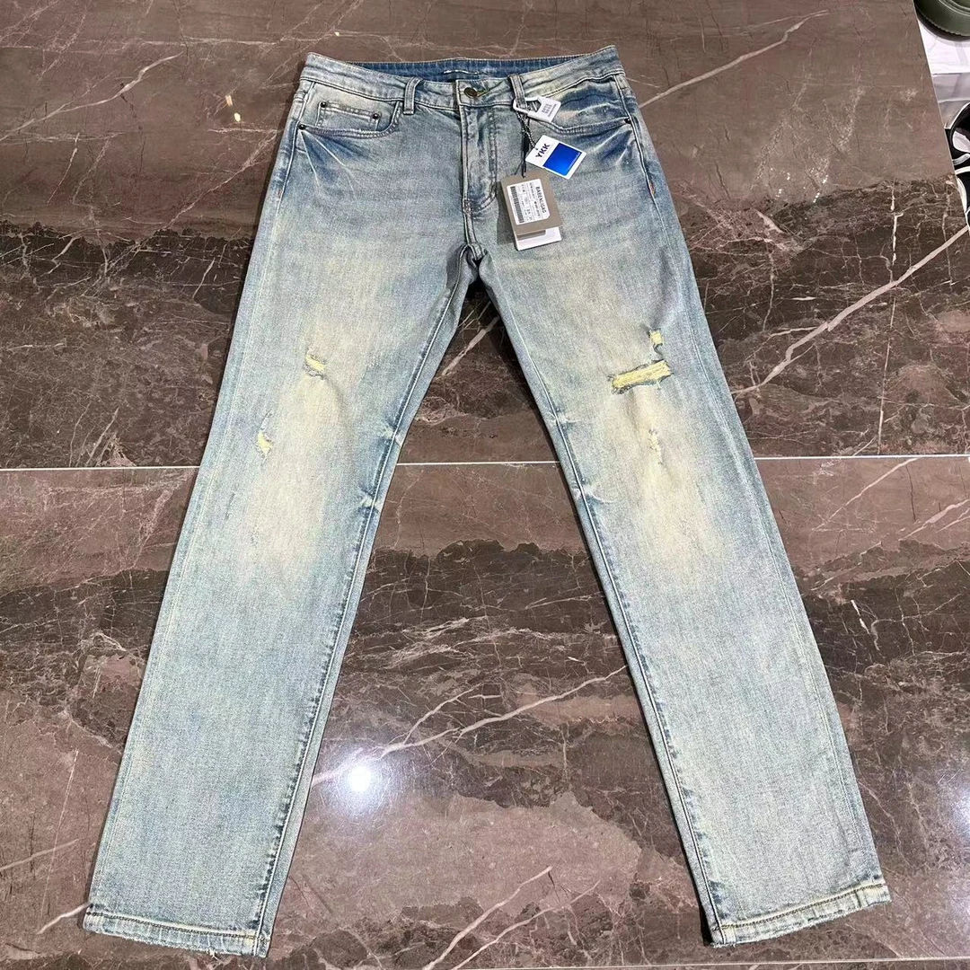 【奢潮定制】夏新款 7311 男士猫须真破洞重工水洗浅色修小脚牛仔裤