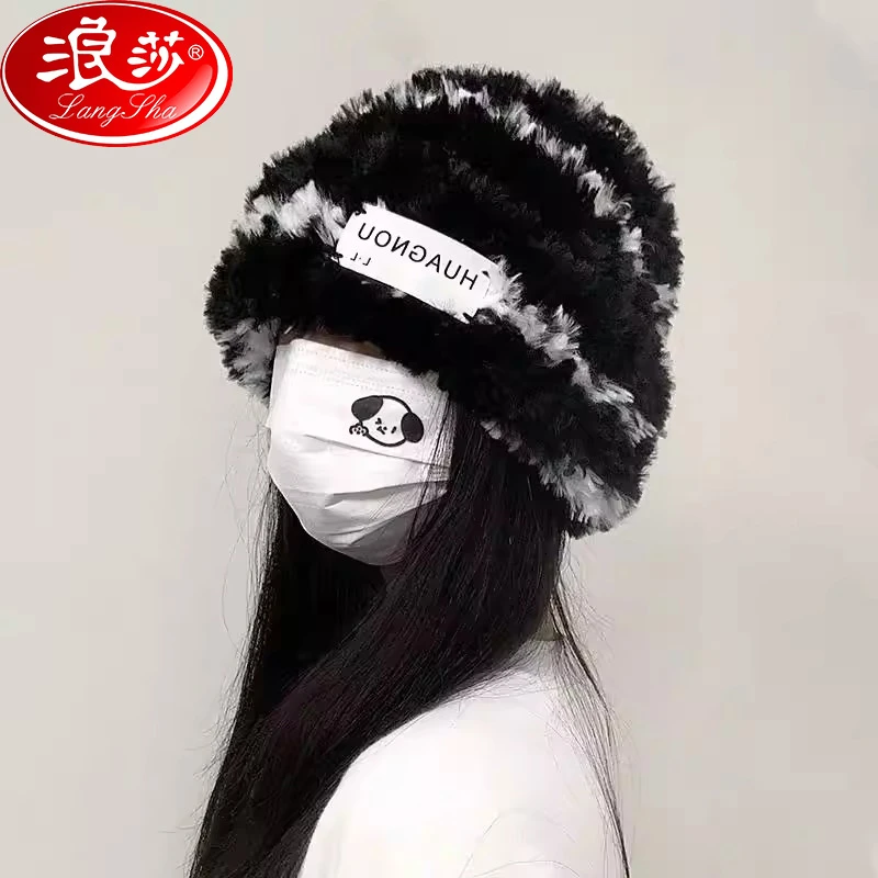 浪莎毛线帽子女秋冬针织条纹小毛绒保暖帽子加厚大头围护耳堆堆帽