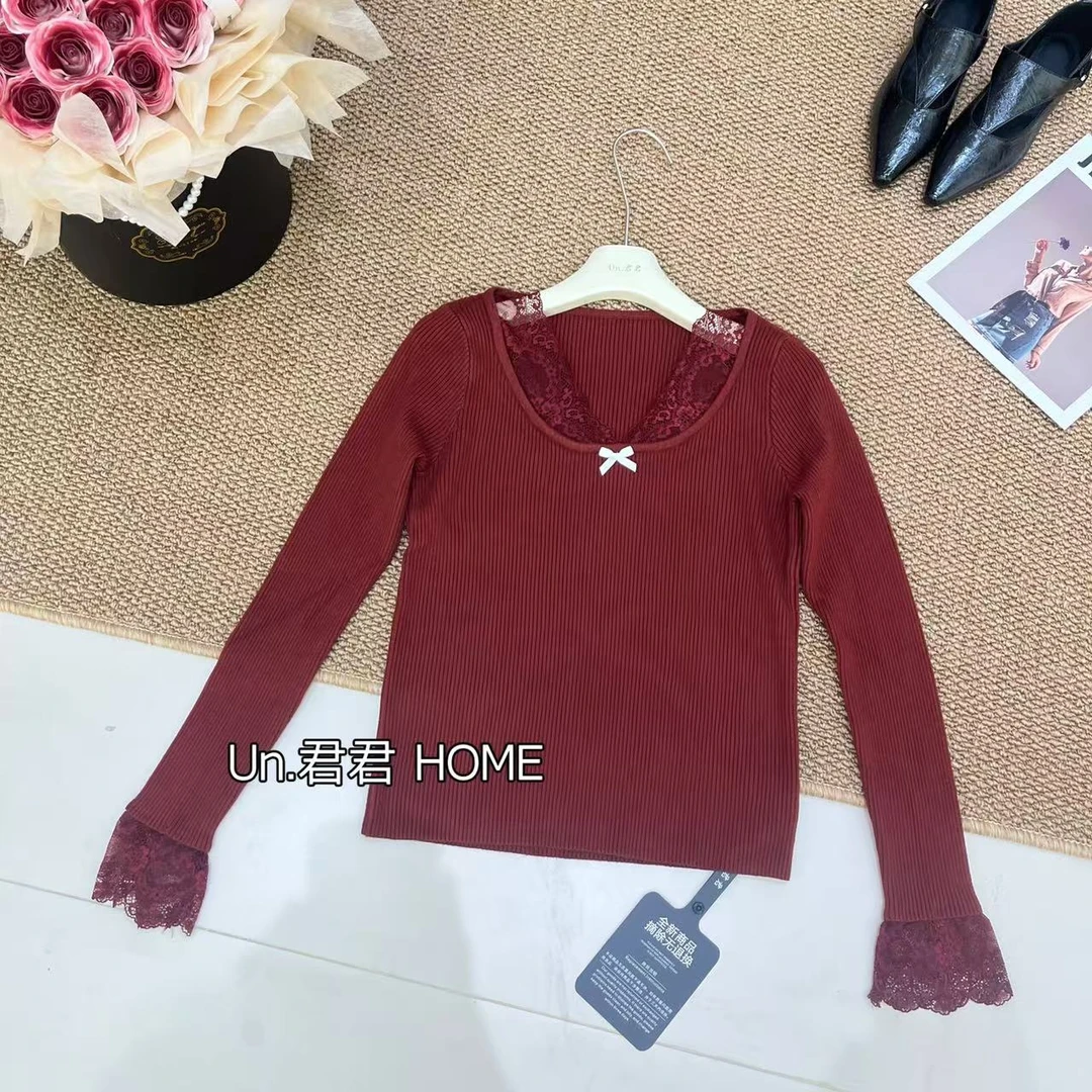 君君家 【甜美蕾丝】6669圆领拼接蕾丝修身百搭针织毛衣
