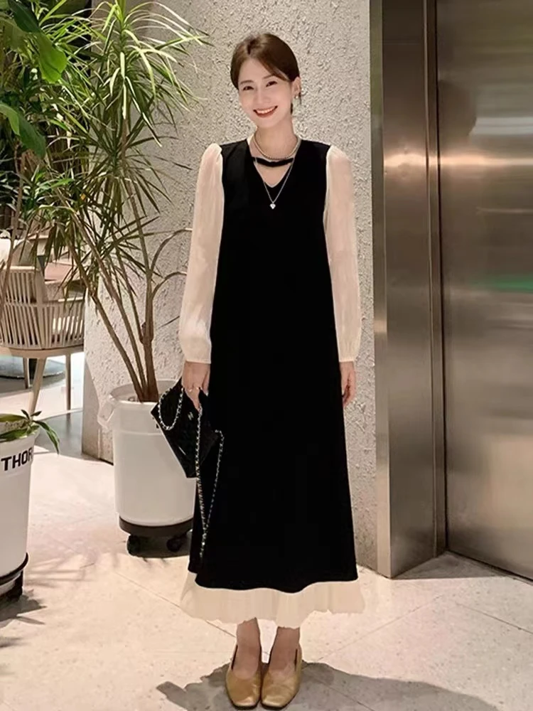 君君家【赫本风】7099赫本风设计感拼色显瘦中长款气质小黑裙