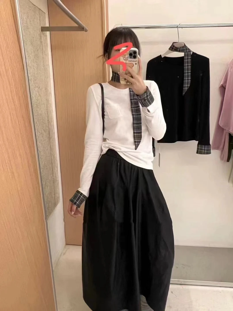 君君家【格子领结】3063拼接格子设计感假两件百搭长袖上衣