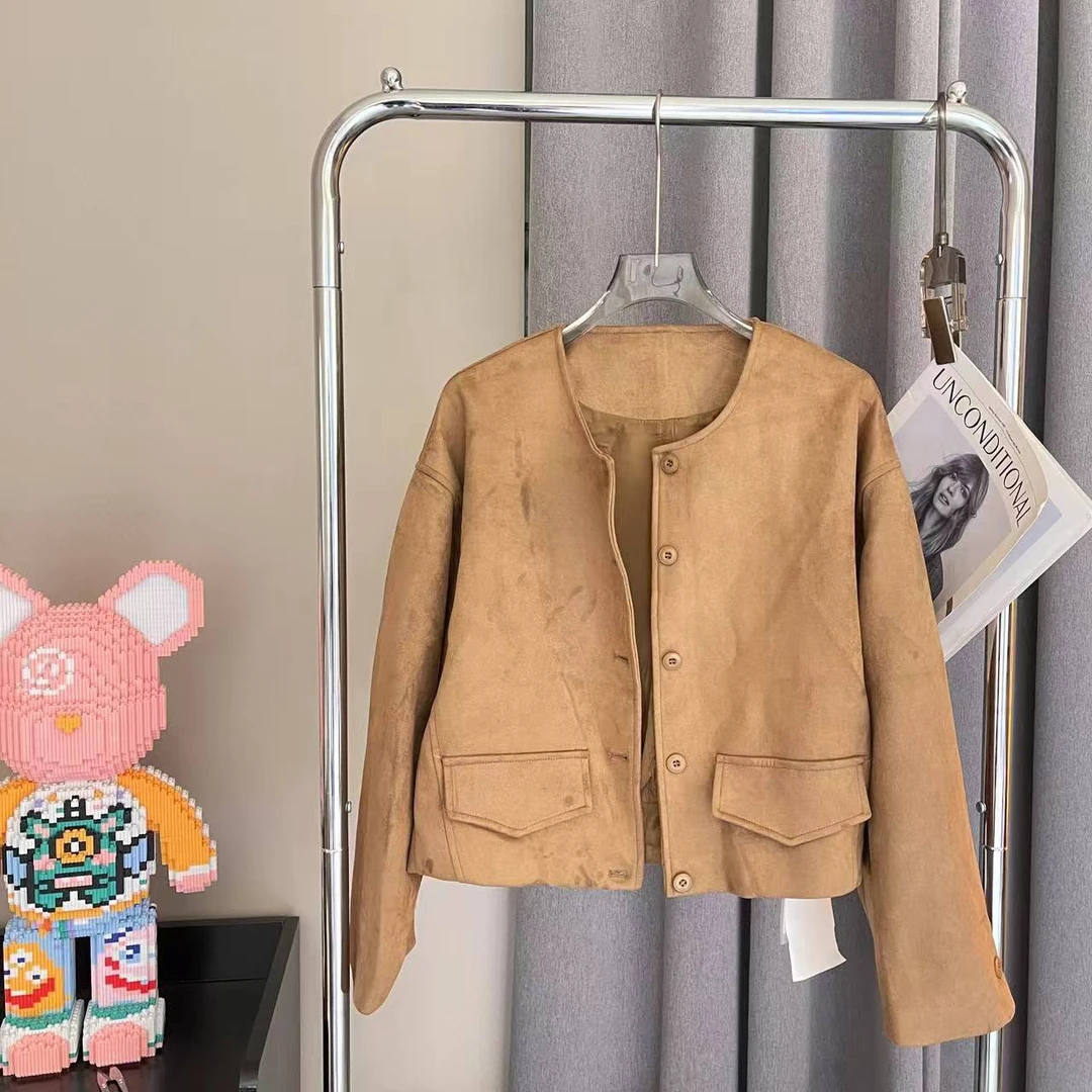 君君家 W【简约百搭】6602韩版百搭圆领鹿绒皮短外套