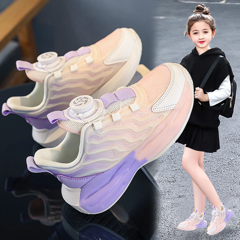 鸿星童鞋女童鞋子春季新款双网透气旋钮扣跑步鞋夜光女童运动鞋