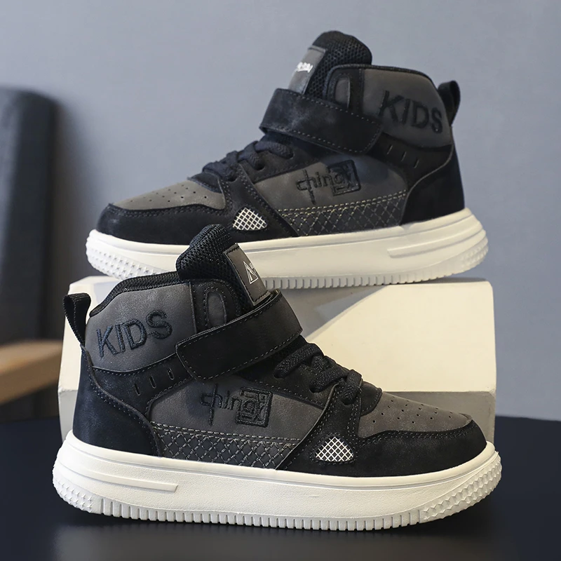 鸿星童鞋男童鞋中大童高帮板鞋时尚百搭防滑男童运动鞋皮面防水