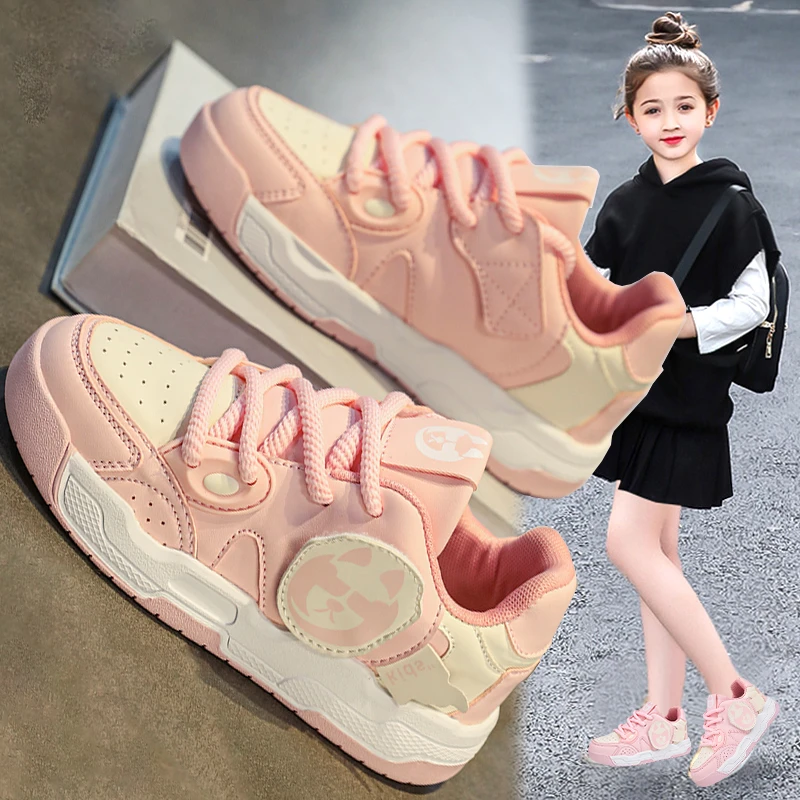 鸿星童鞋春季新款女童鞋子皮面防水防滑低帮板鞋中大童运动鞋