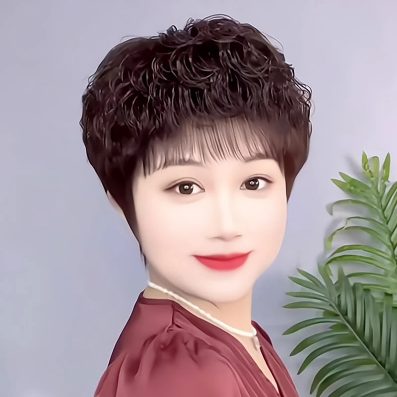 短款全真发假发贵妇大卷纹理烫轻薄透气中老年妈妈短款全头套假发