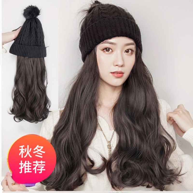 假发女秋冬加绒针织毛线帽保暖时尚假发一体不可拆大波浪帽子假发