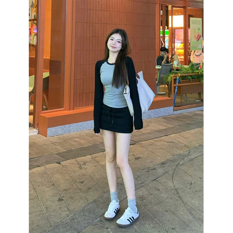 2024秋季新款时尚辣妹修身显瘦拼色长袖T恤上衣性感高腰包臀短裙