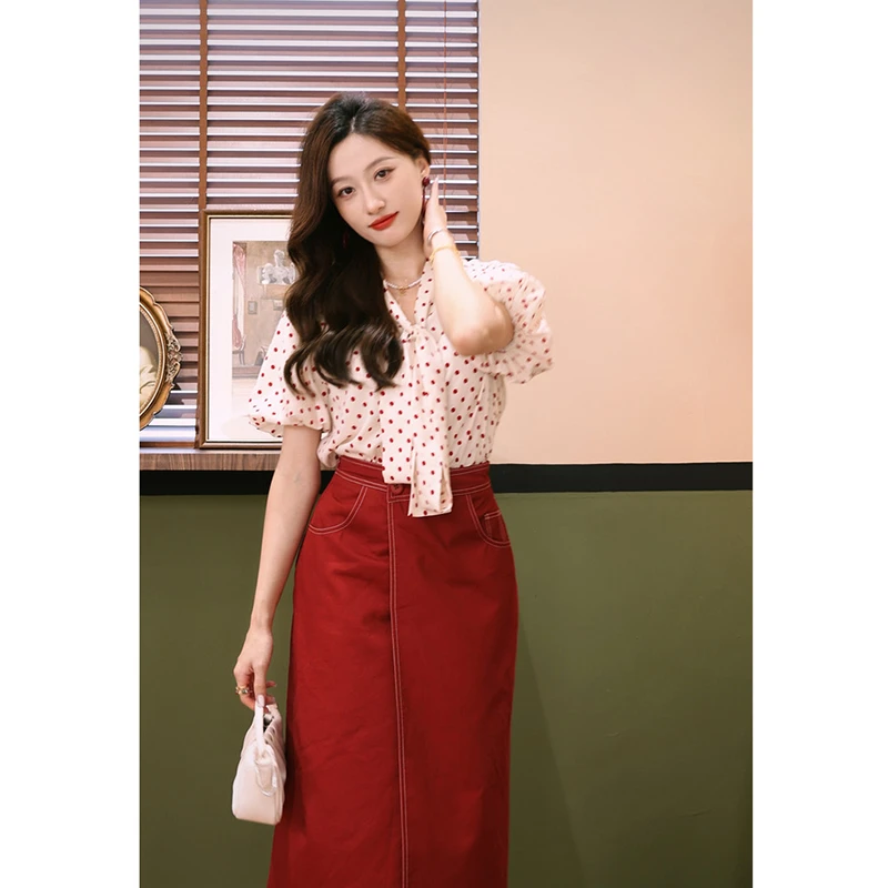 2024夏季穿搭女士法式气质波点系带短袖衬衫高腰显瘦复古半身裙