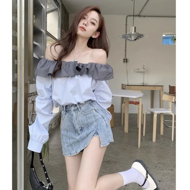 衬衫女款春夏季新款时尚高级感一字肩撞色上衣外穿荷叶边露肩衬衣