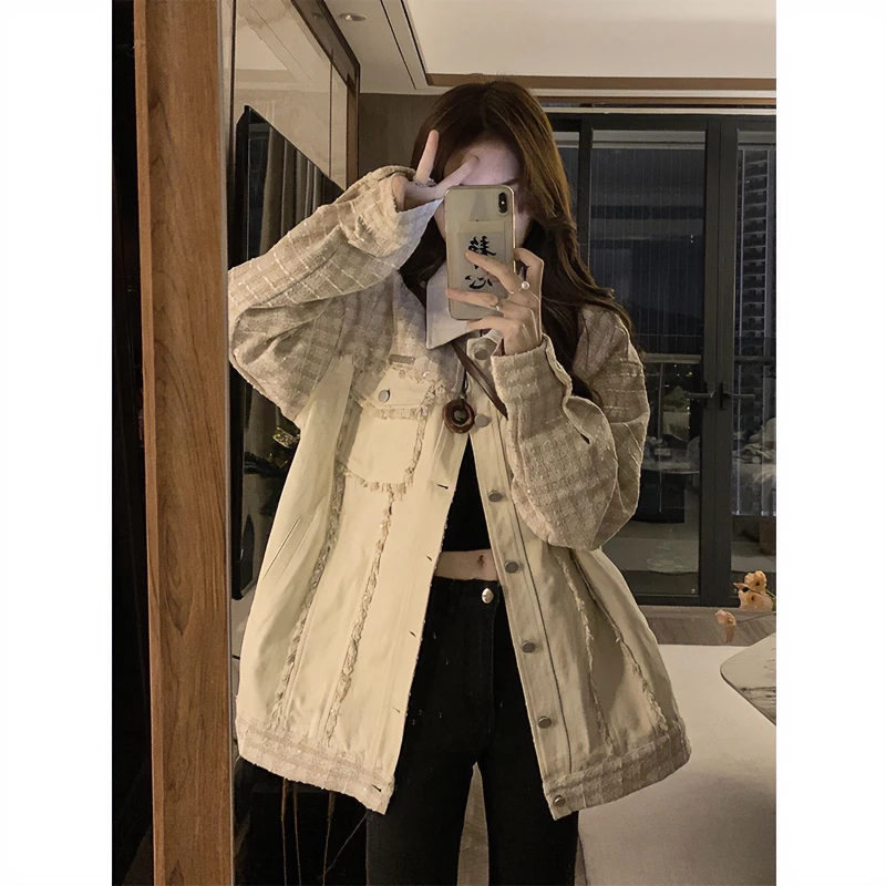 小香风外套女款2023春秋新款设计感小众宽松格子拼接牛仔夹克上衣