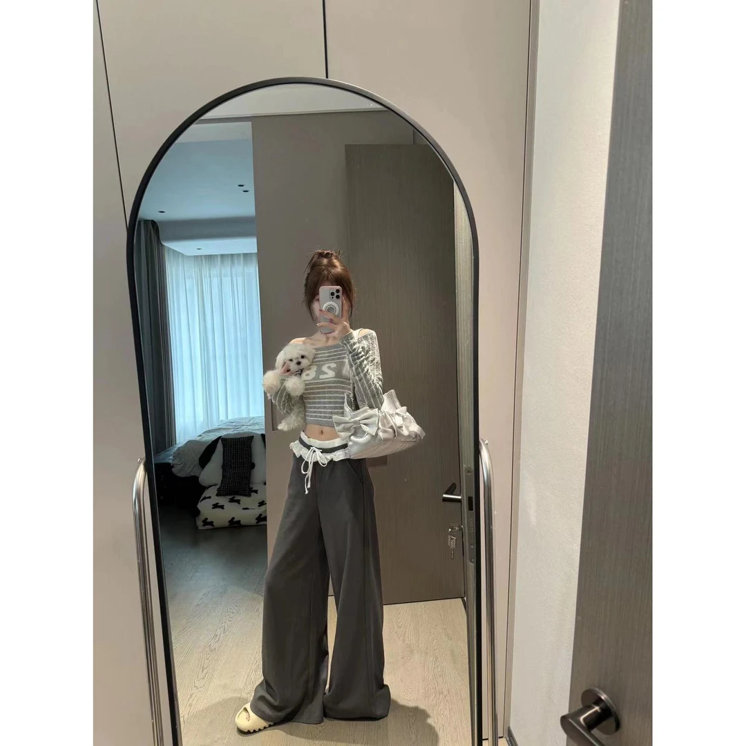 时尚穿搭女士秋季显瘦新款条纹露肩短款长袖上衣休闲裤宽松阔腿裤