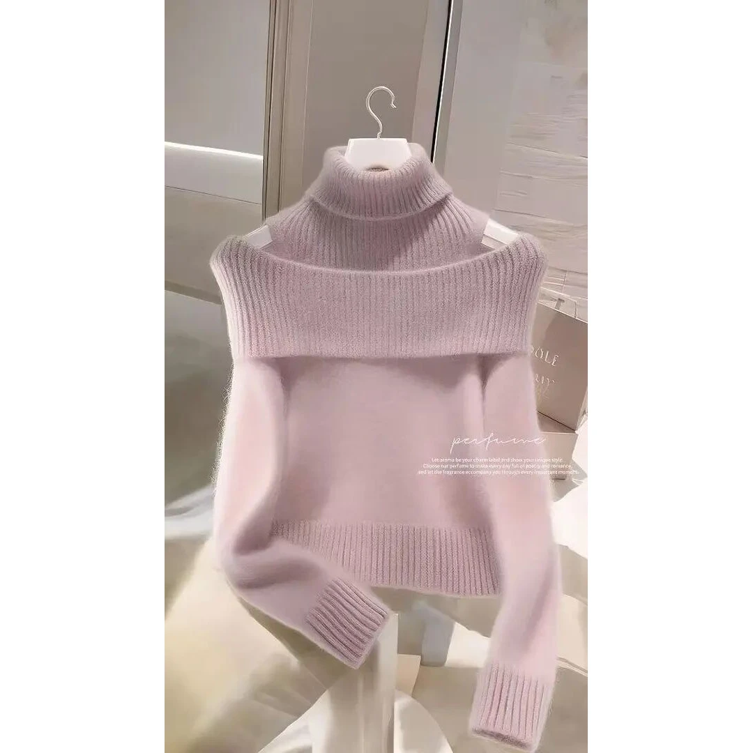 法式春秋季新款设计感小众时尚气质冬装假两件米白色高领针织毛衣