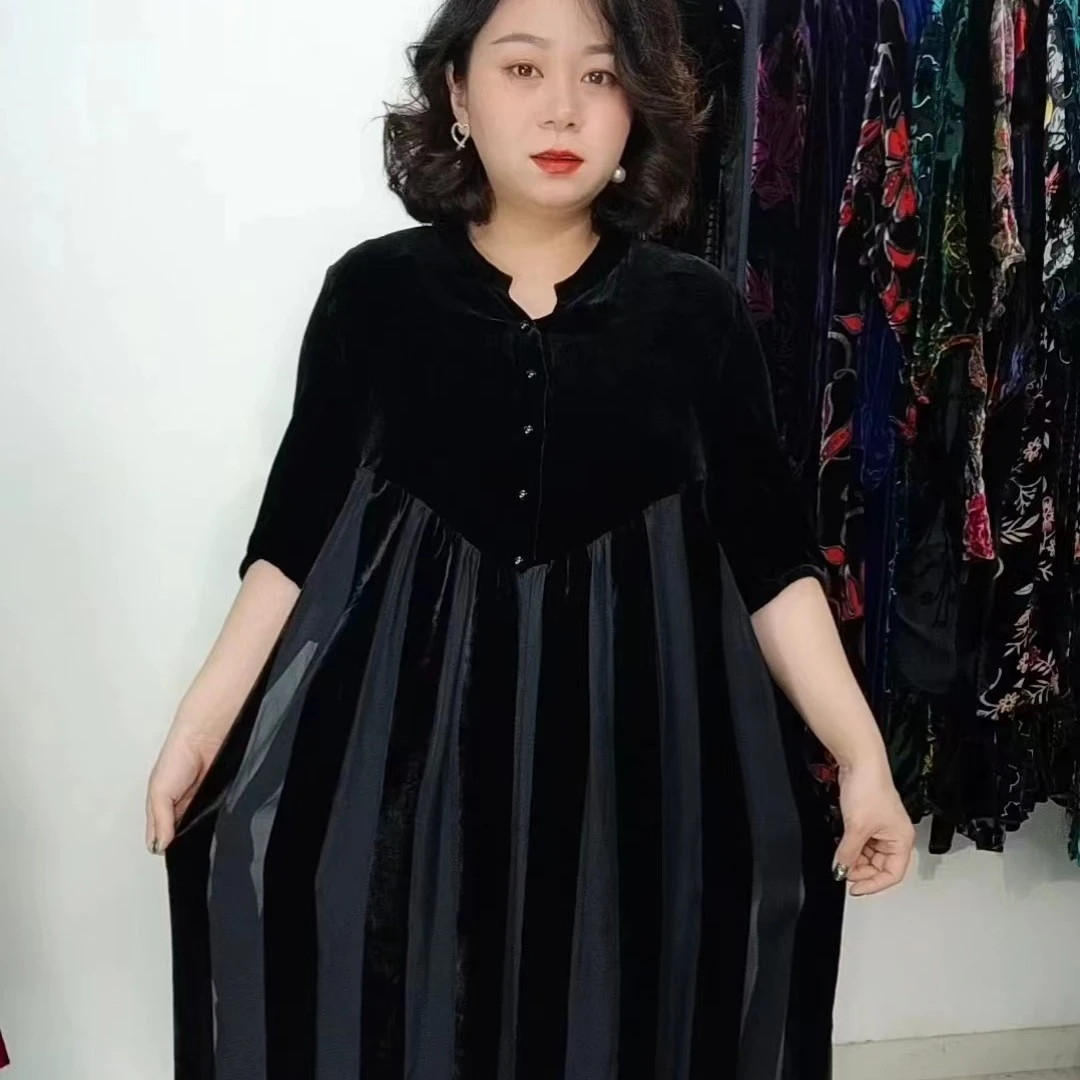 宽松遮肉短款桑蚕丝植绒连衣裙