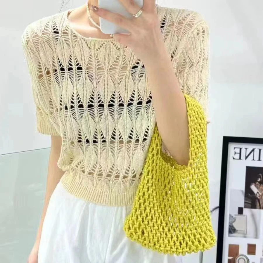 薄款镂空针织衫女夏季新款防晒宽松显瘦外搭短袖罩衫短款T恤上衣