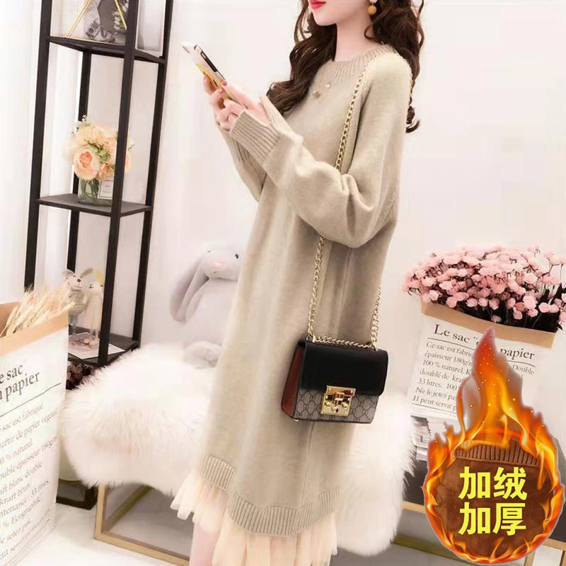 慵懒风毛衣早春秋新款女装宽松加绒加厚长款针织打底衫冬季连衣裙