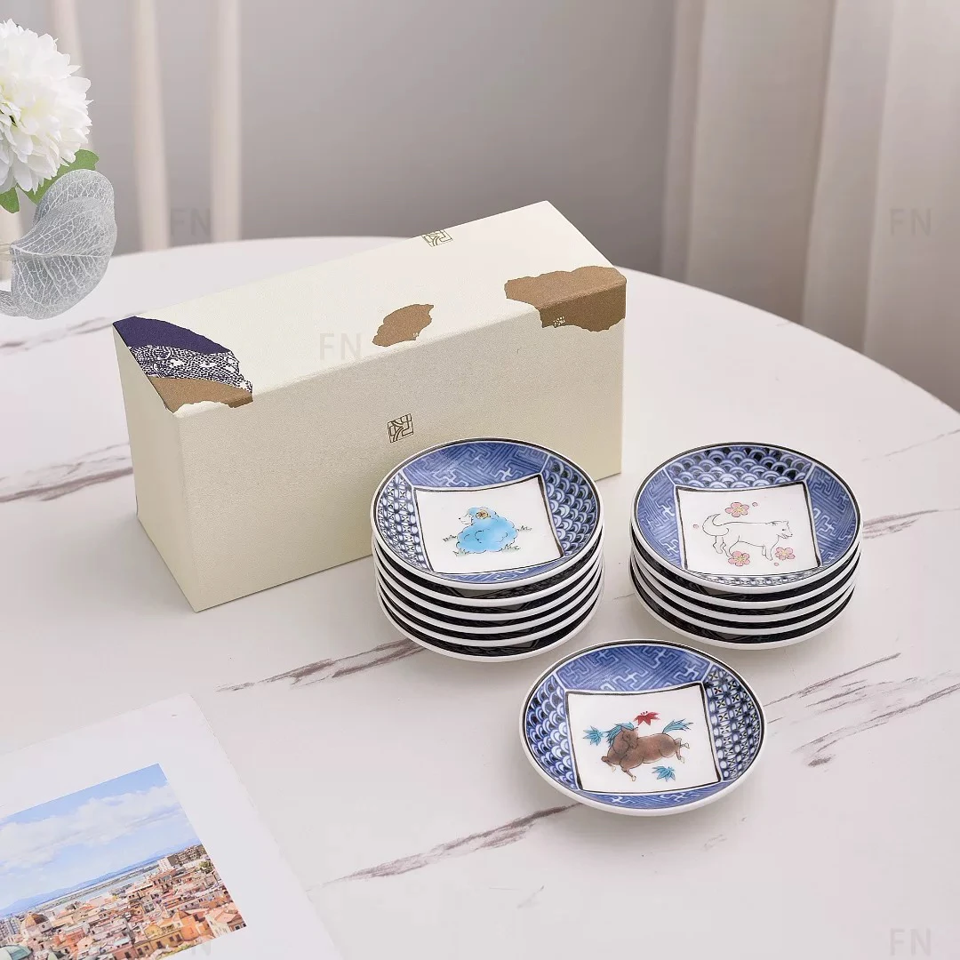 九谷烧十二支碟日式青花陶瓷茶托点心碟精致蓝色家用