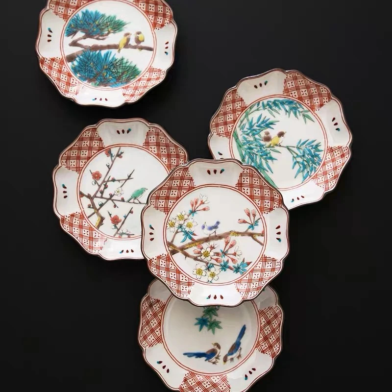 日本原装进口九谷烧花鸟图碟子点心盘分餐盘美山窑