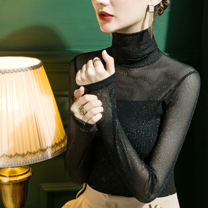高领亮丝网纱打底衫女春秋新款内搭修身性感长袖上衣黑色洋气小衫
