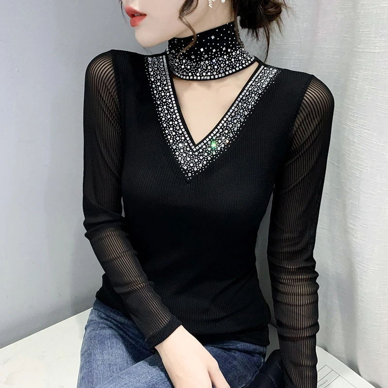 高领挂脖洋气打底衫女秋装性感镂空时尚网纱小衫紧身内搭长袖上衣