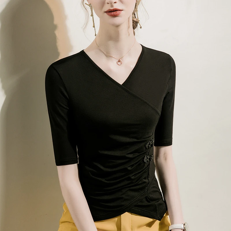 设计感盘扣收腰上衣2025春秋新款v领打底衫女中袖T恤修身洋气小衫