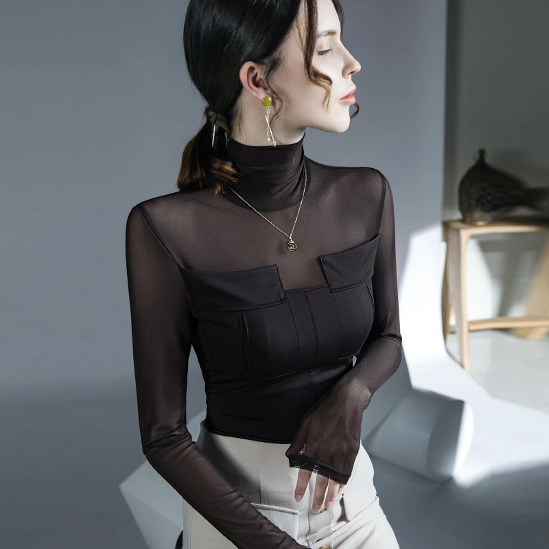 设计感微透拼接上衣春秋新款网纱打底衫女洋气内搭高领长袖小衫