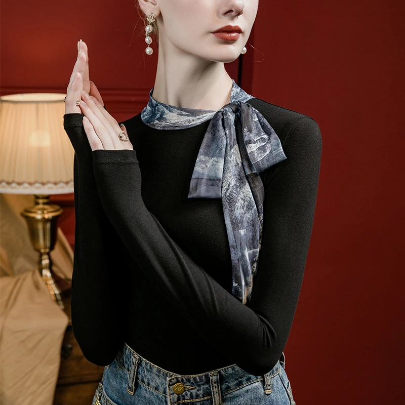 围巾领印花拼接绑带上衣春秋新款磨毛打底衫女长袖T恤洋气小衫潮