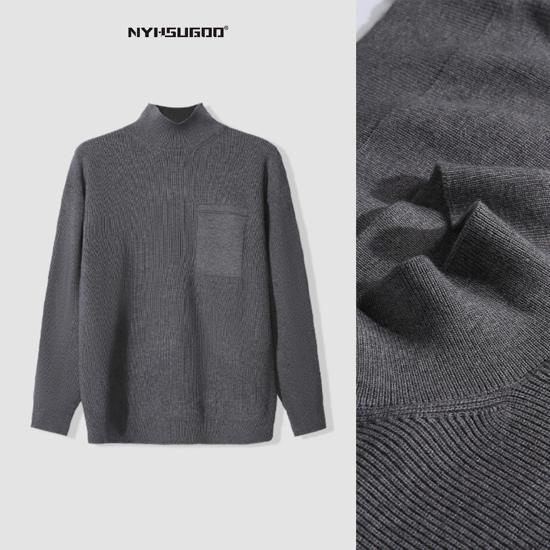 南乙2879秋冬韩版口袋设计简约纯色打底衫男百搭潮流半高领毛衣