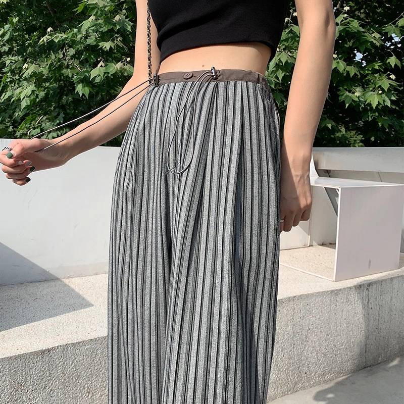 条纹裤子女夏季薄款松紧高腰垂感窄版阔腿裤直筒宽松休闲拖地长裤