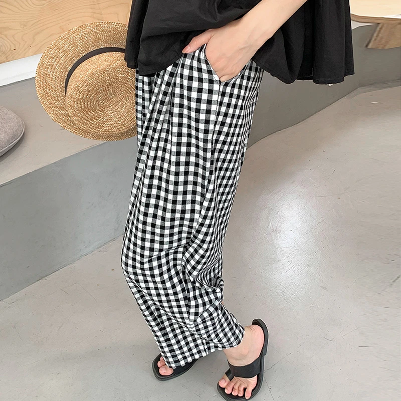 黑白格子阔腿裤夏季薄款2023新款宽松棉麻小个子裤子百搭九分裤