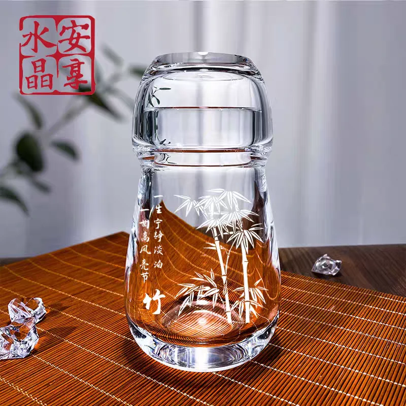 水晶玻璃福禄杯透明带盖两用茶杯原石打磨耐高温福禄 水杯300毫升