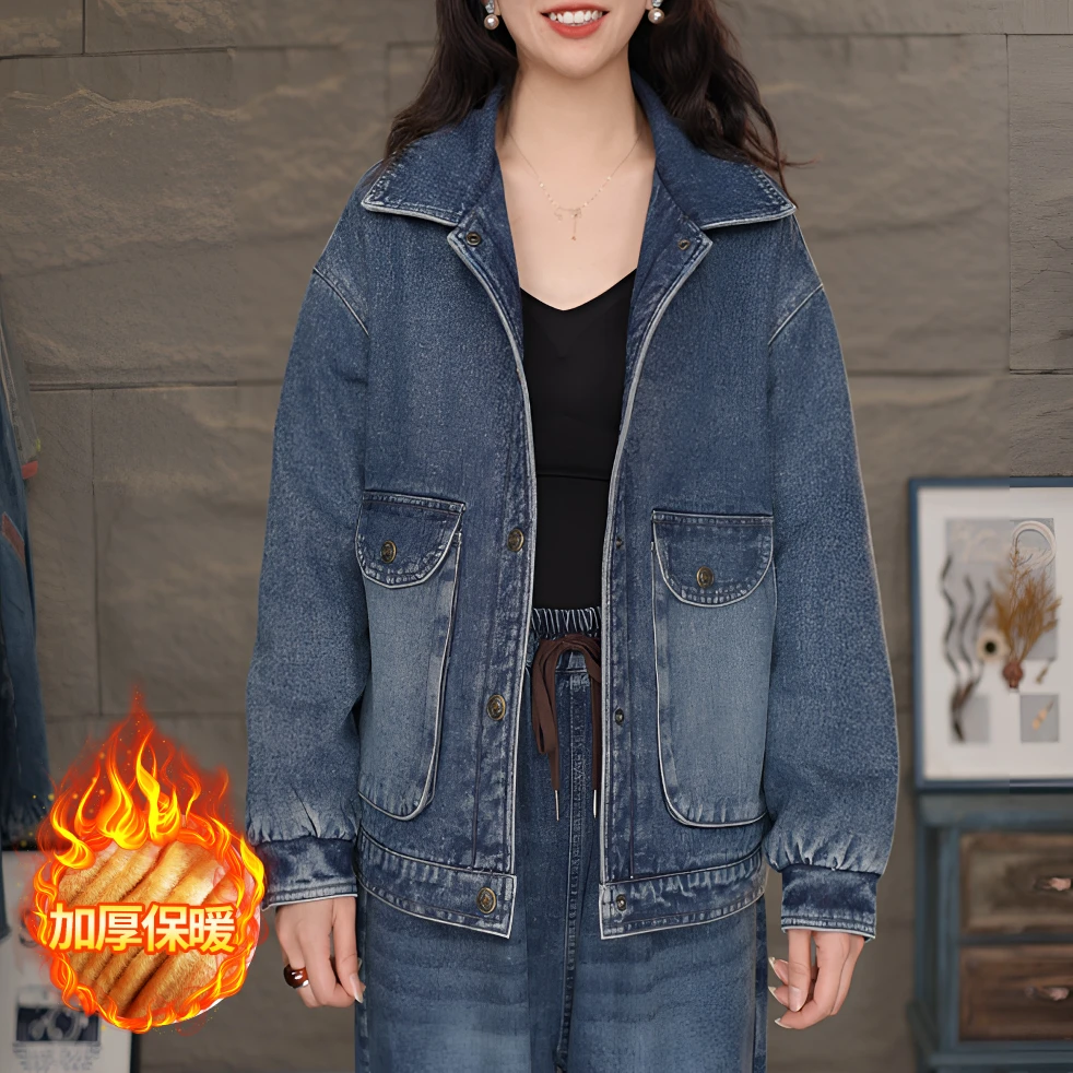 维丽320加绒蓝#2025春季新款加绒加厚牛仔外套百搭防风保暖上衣
