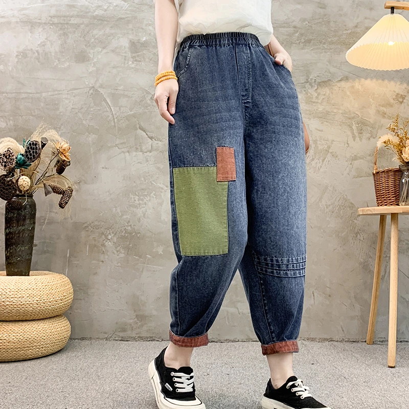 702-女士新品潮流文艺复古百搭老爹裤松紧牛仔裤大码春秋显瘦休闲