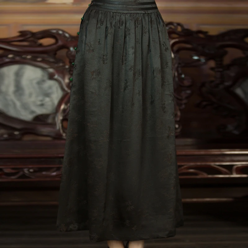 华族经典{千叶}40姆米重缎提花香云纱长款大摆半身裙女休闲