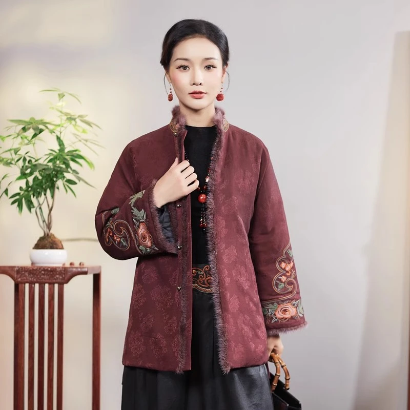 华族经典【花雅集】夹棉加厚高端刺绣桑蚕丝唐装上衣外套女秋冬款