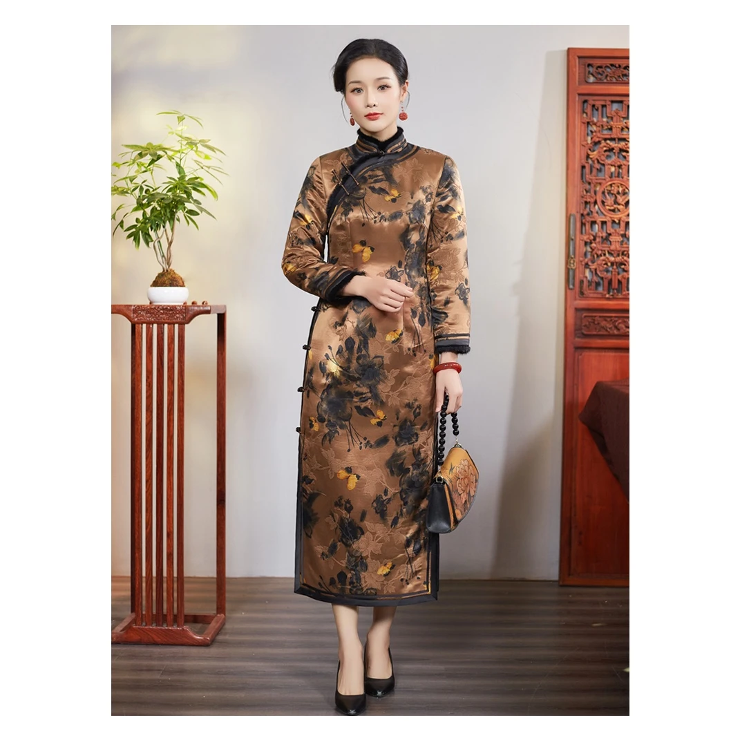 华美人【墨韵风雅】重缎香云纱秋冬季款夹棉加厚新中式复古旗袍