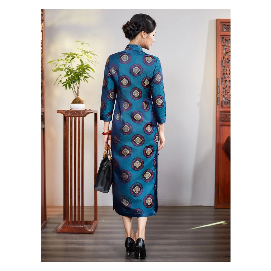 华美人【水天一色】秋冬宋锦真丝桑蚕丝优雅复古中国风修身旗袍长款