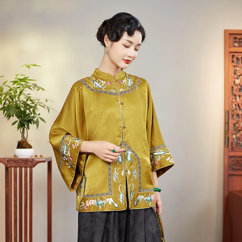金秋桑蚕丝重缎金色缎龟香云纱中国风手推绣对襟上衣女