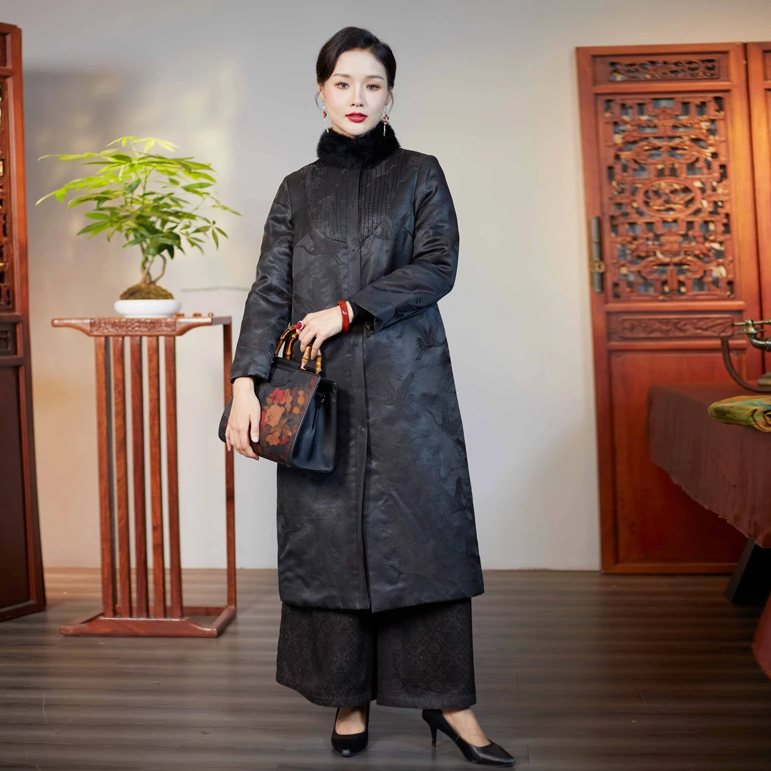 华族经典【墨园雅集】高端香云纱夹棉加厚唐装上衣女冬季保暖外套