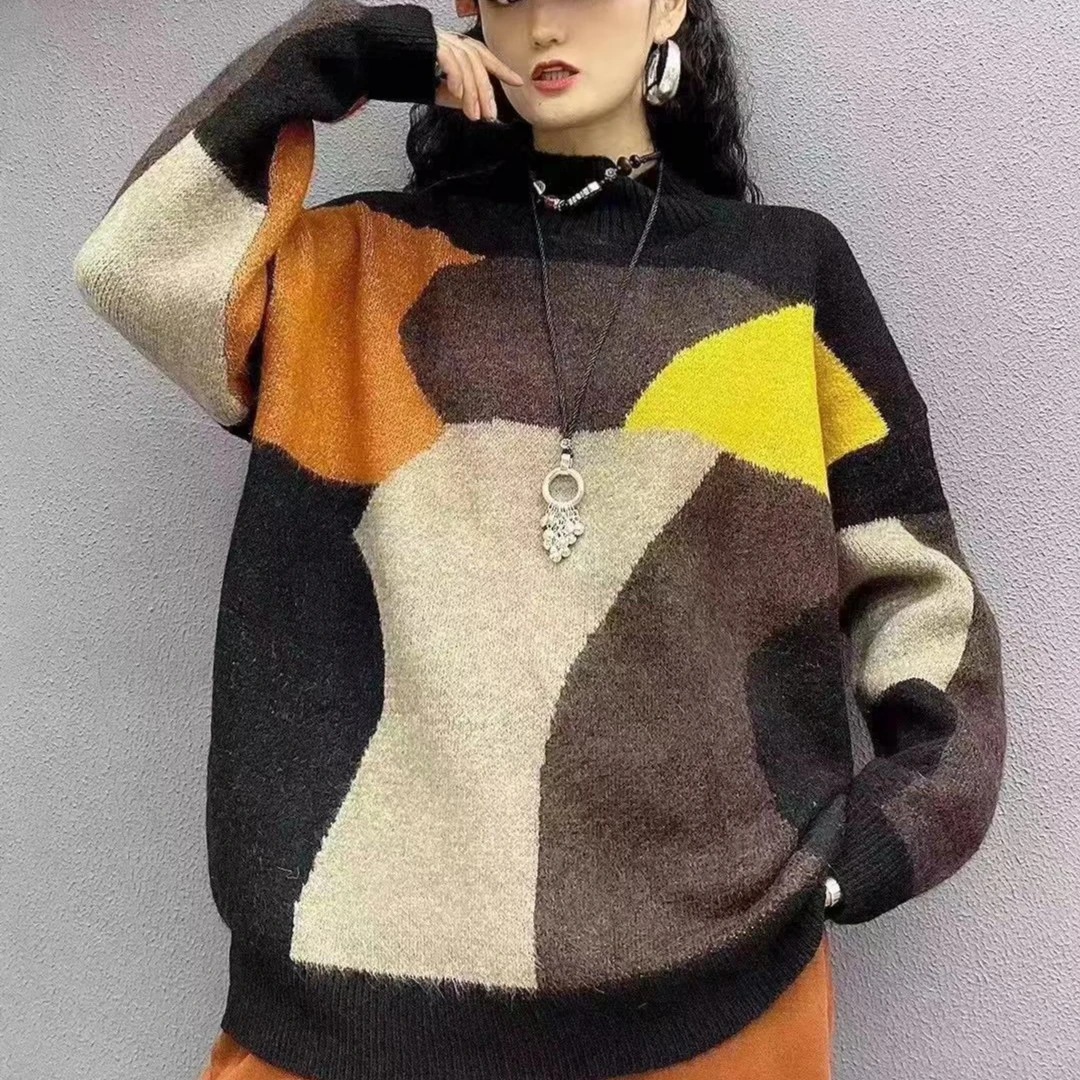 撞色半高领毛衣女冬2022年新款大码洋气宽松内搭显瘦针织打底上衣
