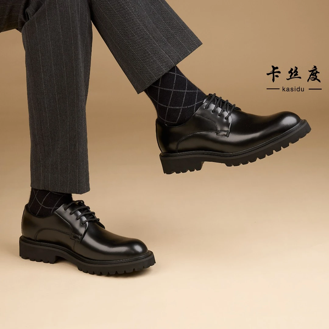 春季新款男士厚底增高系带真皮商务休闲皮鞋时尚百搭黑色皮鞋